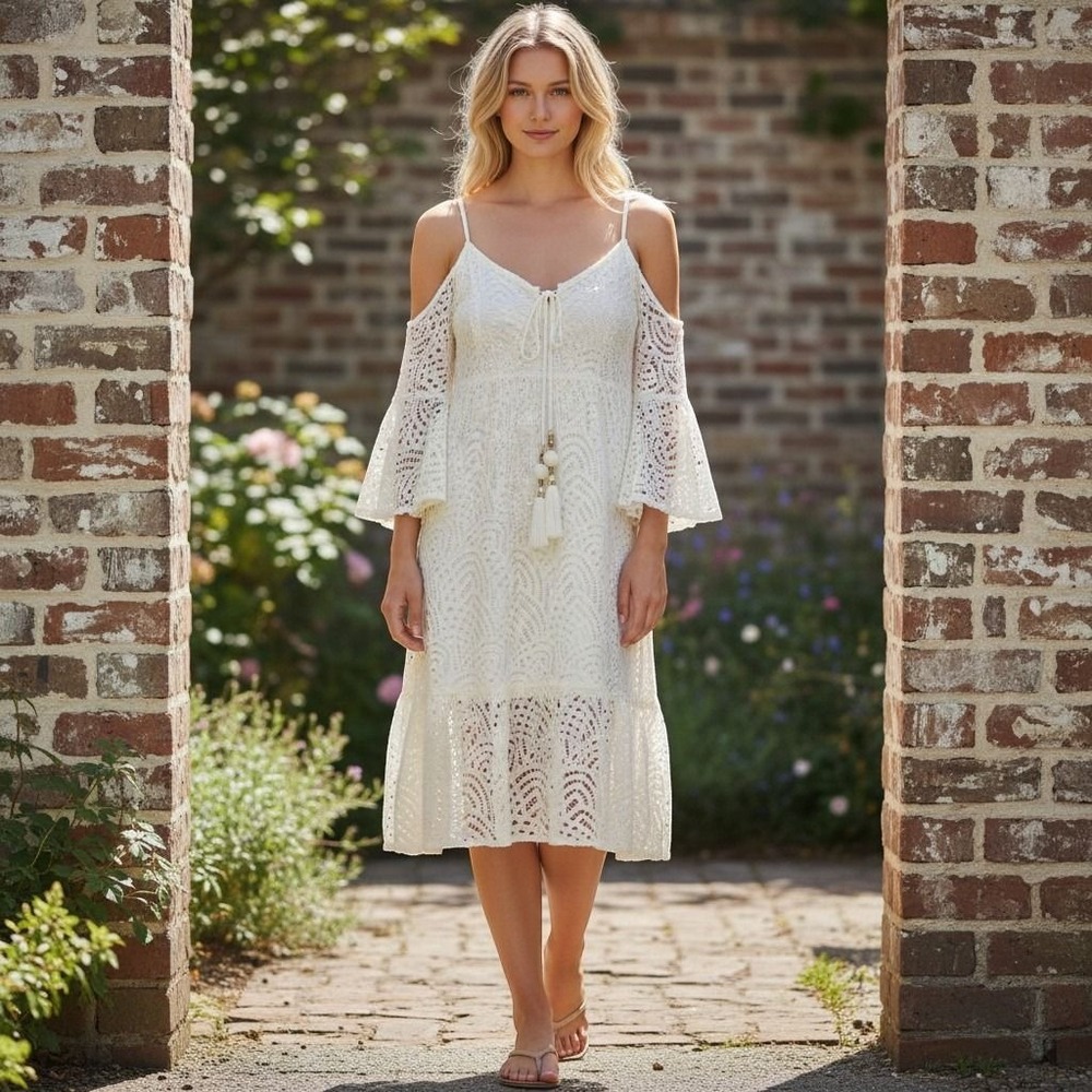 Lilly Pulitzer Lace Dress Womens M Ivory Cottagecore Bell Sleeve Tassel Boho
